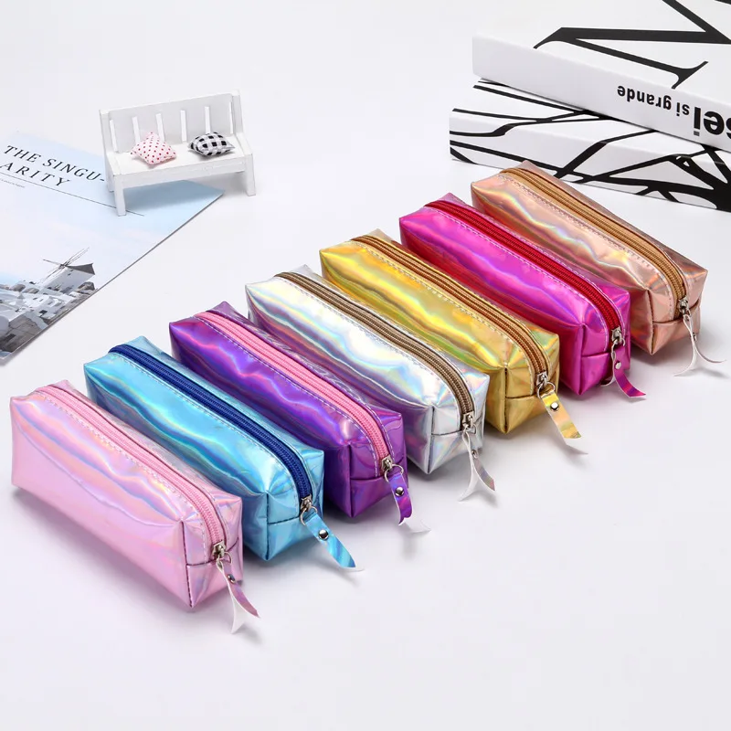 Wholesale Colorful Waterproof Stationery Bag Custom Holographic Laser Leather Pencil Case Pouch Bag For Girls