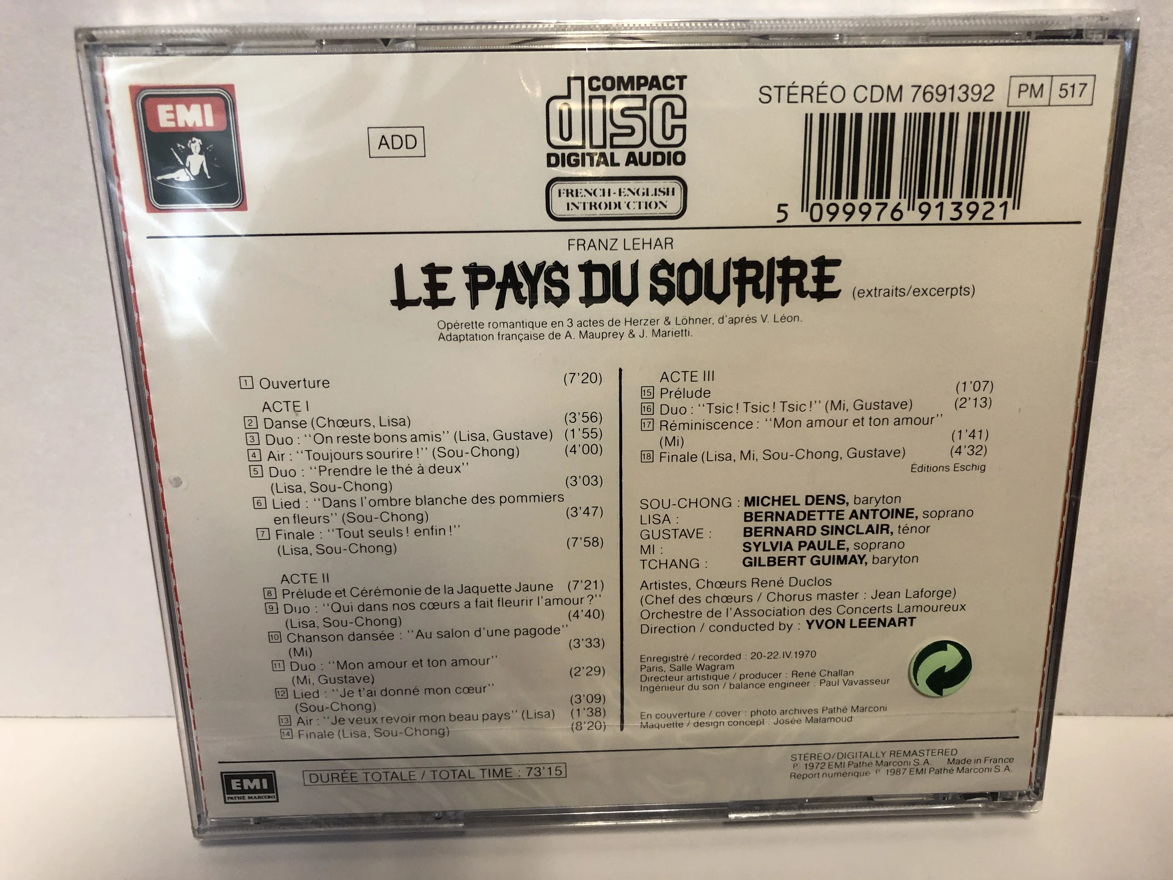 The Romantic music CD of Lehar, Das Land del Lachelns excerpts from the operetta (Sung in French) Bro No. 104344