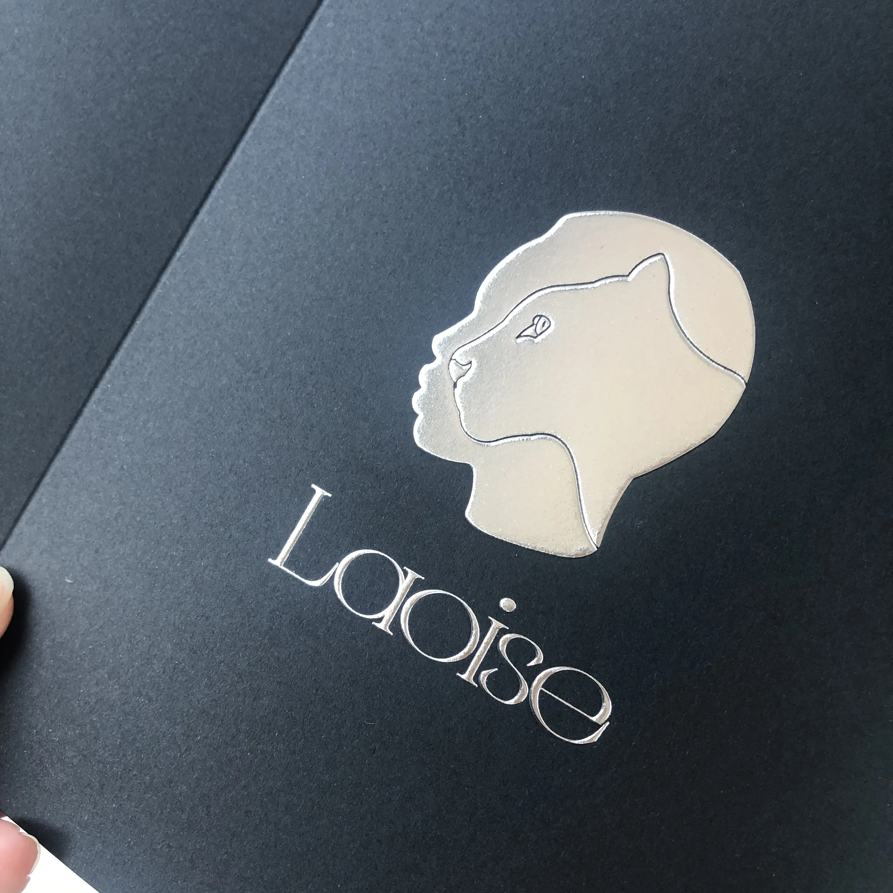 Custom luxury black kraft paper embossed silver foil stamping folded card