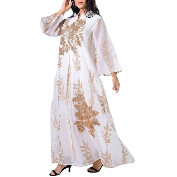 KD0823 Sequins Embroidered Abaya Dress For Women Moroccan Kaftan Turkey Arabic Jalabiya White Islamic Clothing