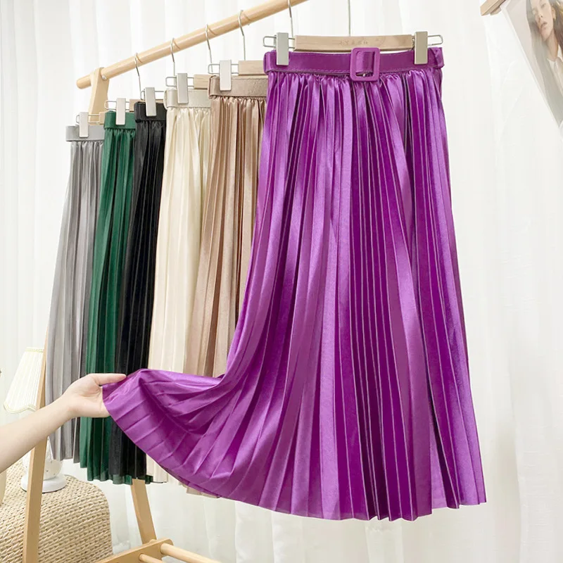 Hot Sale A Line Dress Glossy Middle Satin Skirt With Belt Trendy Fashion Summer Solid Color High Waist Women Pleated Skirts