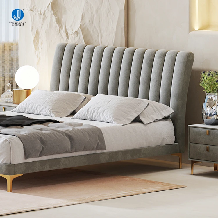 High End Bedroom Furniture Master Room Fabric Headboard Wooden Frame Stainless Steel Base Queen Size Double Bed