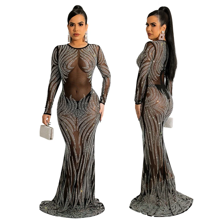 New arrival Elegant luxury stripe crystal long sleeve decor dress tulle see-through prom maxi dress without underwear for sale