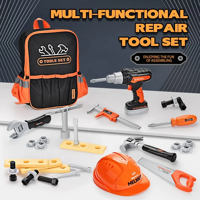 Develop Intelligence Portable Storage Backpack Kids Tool Set Funny Tool Multi-functional Repair Tool Set with Electric Toy Drill