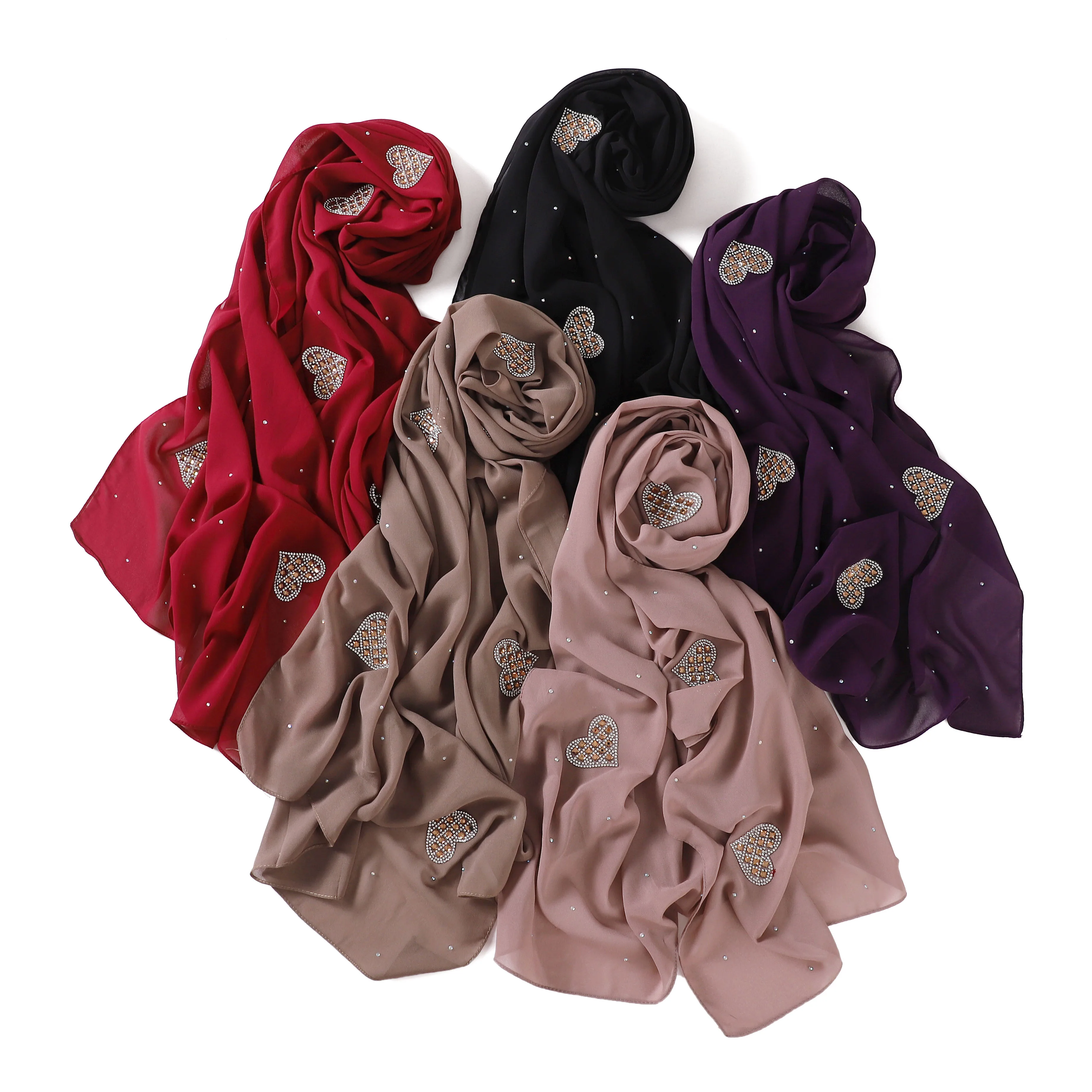 New Hot Women Soft Chiffon Rhinestone Scarf Solid Color Dubai Hijab Luxury Diamond Plain Long Wrap Head Scarf  Scarves Shawl