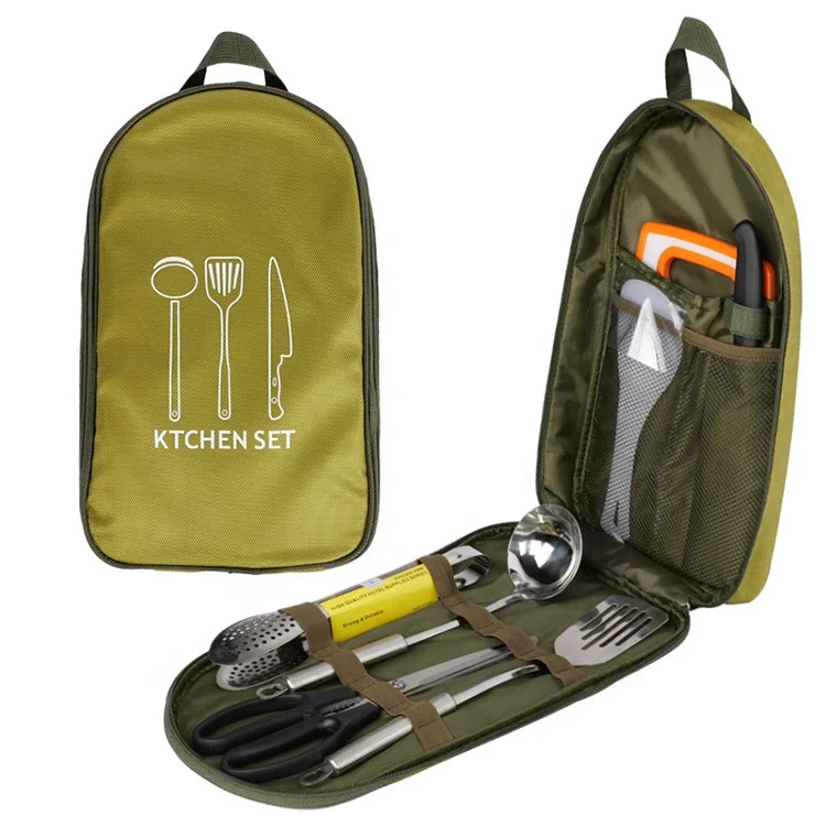 Portable Eight-Piece Outdoor Picnic Cookware Set 201 Stainless Steel with Storage Handbag Dinnerware Set