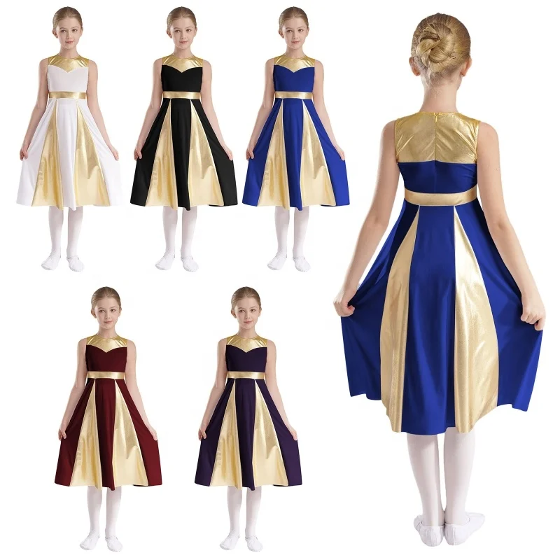 6-16 Kids Stage Dancewear Wholesale Performance Dance Wear Girls Ballroom Contemporary Church Praise Dance Dress