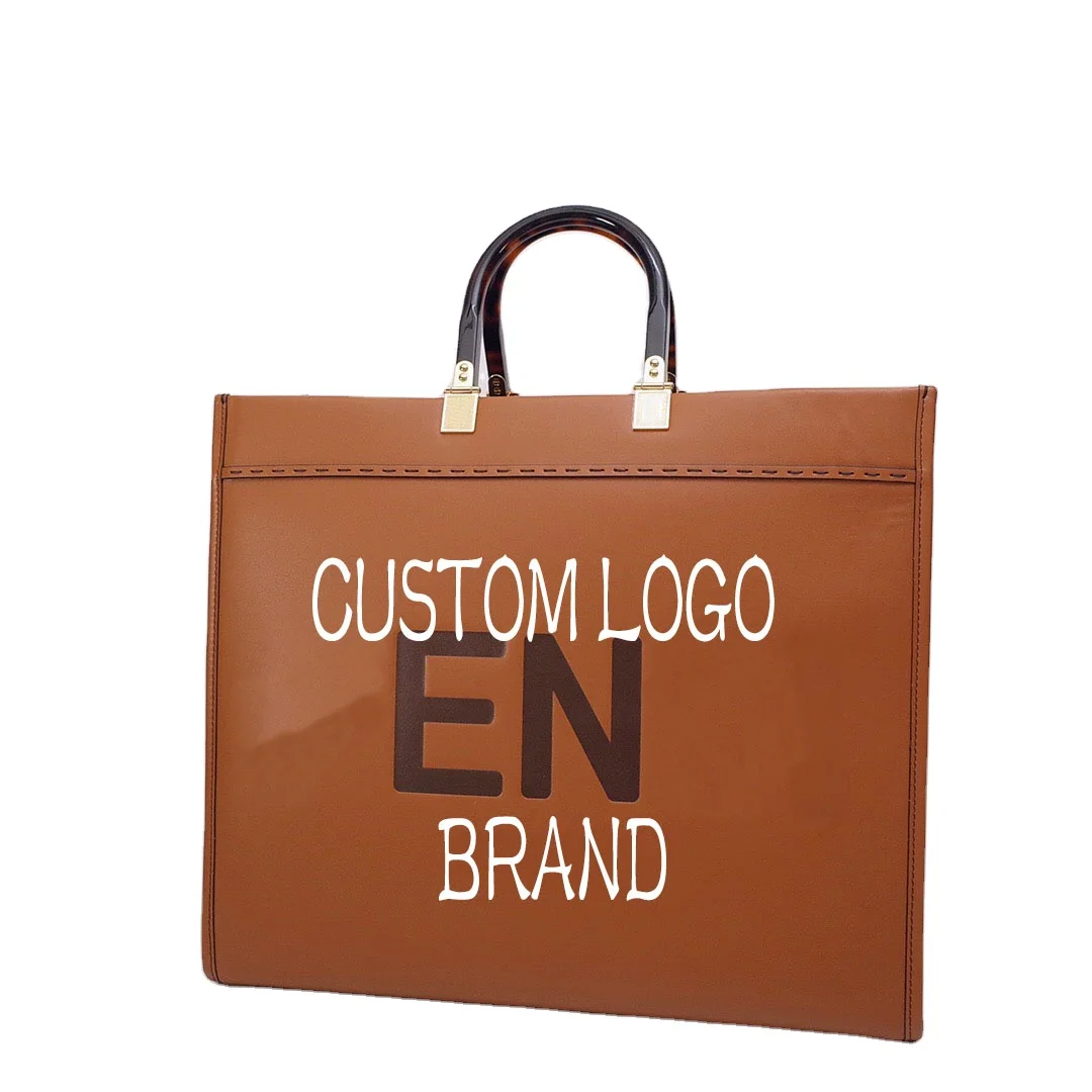 Summer Products 2024 Luxury Genuine Leather Custom Logo Handbag Stylish Tote Bag Tortoiseshell Ring handle For Shopper Bag