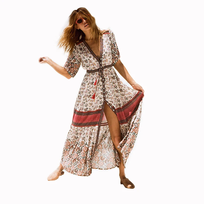 
Hot Selling European American Printed V Neck Single Breasted Casual Dresses 