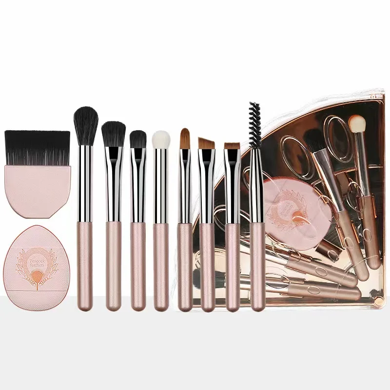 New portable makeup brush Peacock 10 in 1 set mini storage folding travel eye shadow halo dye concealer makeup brush