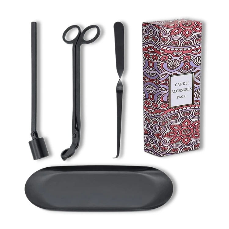 Engraved Logo 4pcs Black Candle Care Kit Wick Dipper Trimmer Tray Set With Velvet Bag
