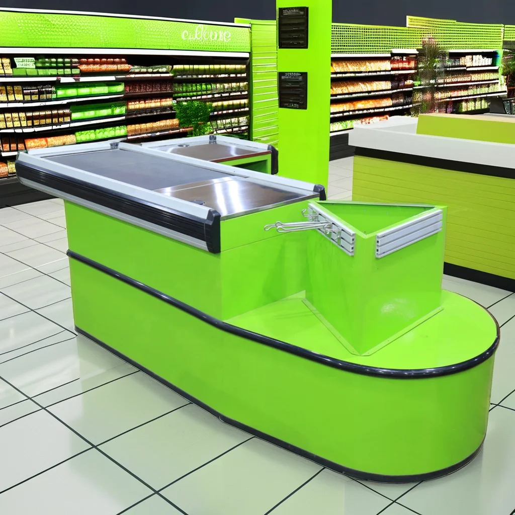 Commercial Store Checkout Counter Supermarket Equipment Electric Cash Register With Conveyor Belt For Supermarkets And Shops
