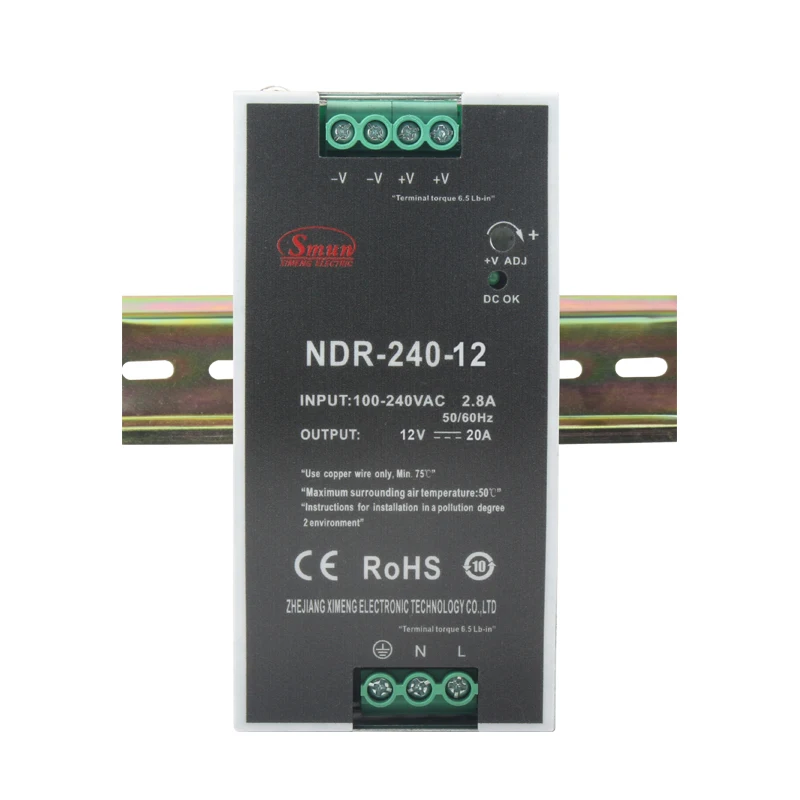 NDR-240-12 12VDC 20A 240W Single Output AC/DC Thin Industrial Din Rail Power Supply
