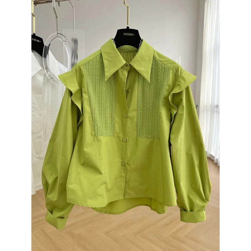 CS962 Wholesale 2023  Autumn Turn-down Ruffles Collar  solid  Long Sleeve Shirt Women Blouse Tops 10