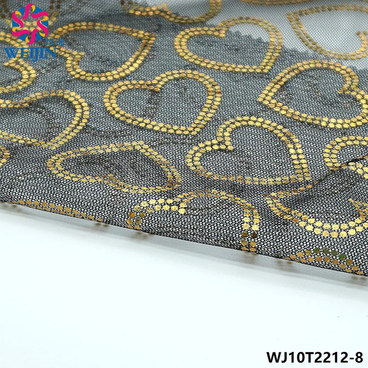 100% Polyester fiber printed peach heart chiffon lace fabric gold-plated printed shiny peach heart mesh fabric clothing skirt