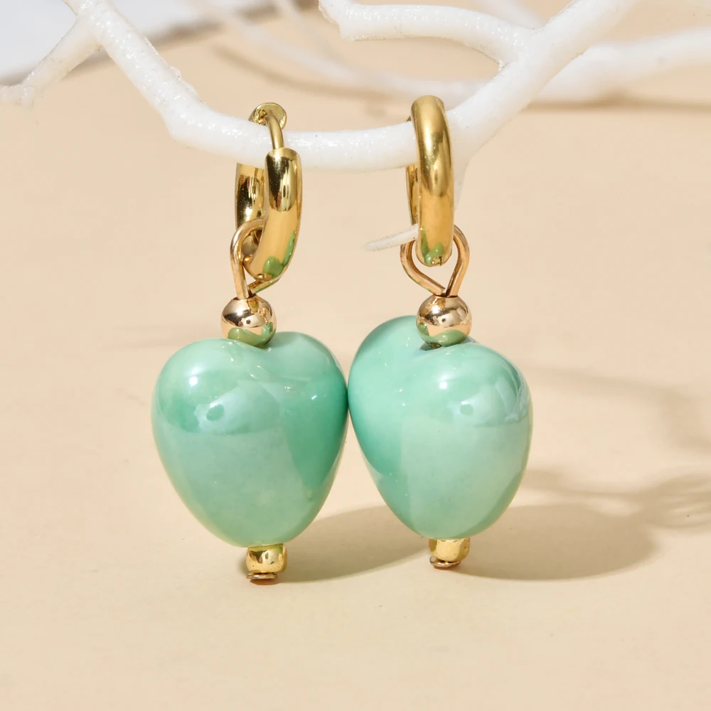 ZMZY Ceramic Beads Trend Stainless Steel Hook Women Circle Heart Jewelry Ear Clip Earrings Party Wedding Gift