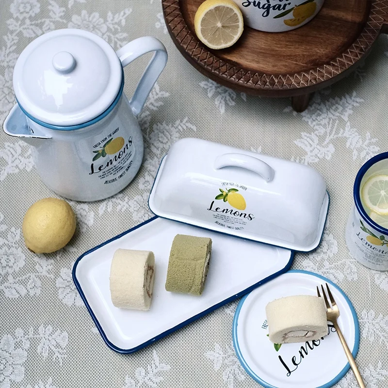 Wholesale Airtight Keeper Container Beech Metal Enamel Lid Metal Sugar Cheese Storage Box Butter Dish