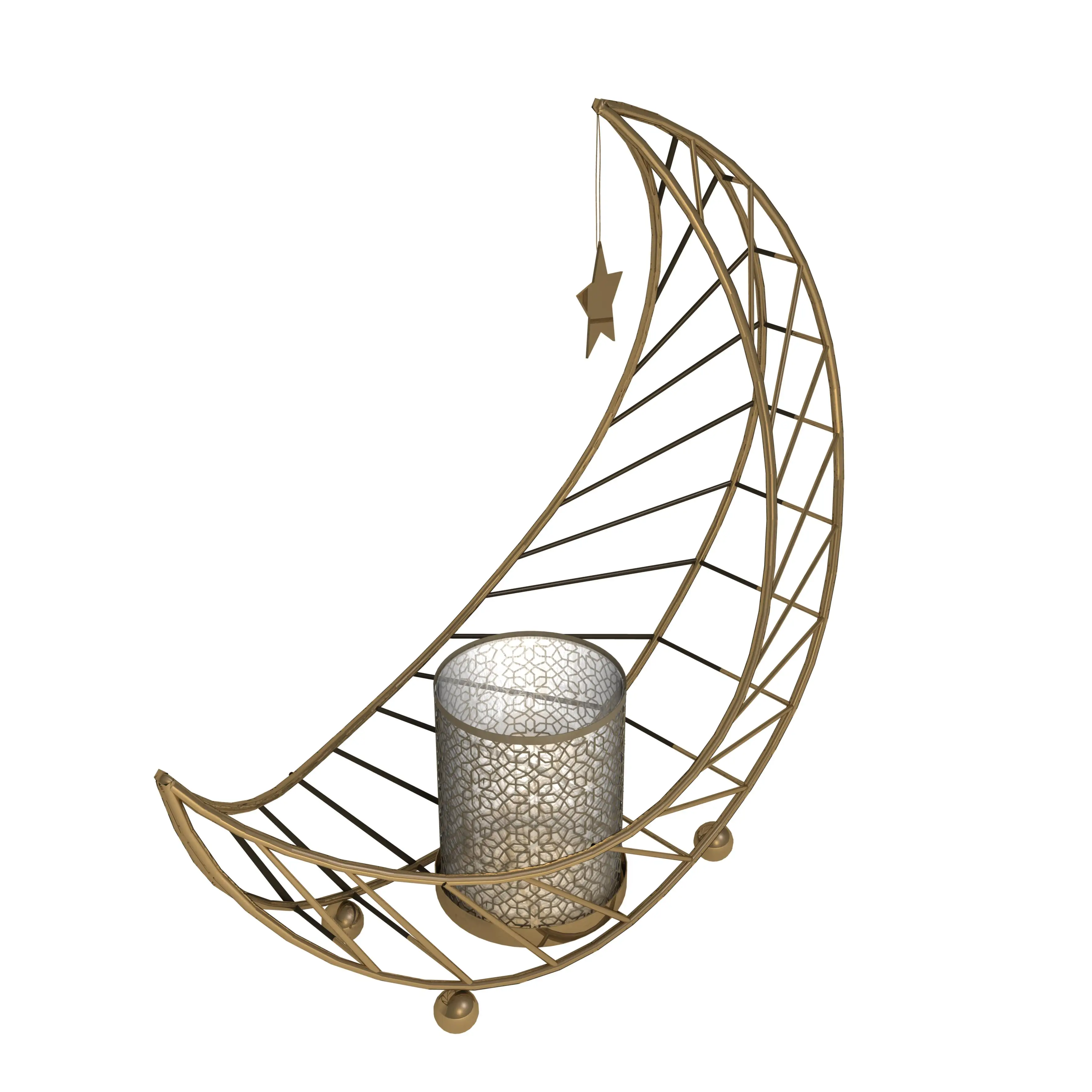 Ramadan Moon Shape with Hanging Star Gold Iron Candle Holder for Holiday Decor