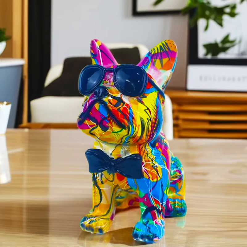 Creative Water Transfer Printing Resin Bulldog Sculpture Colorful French Bulldog Statue With Sunglasses Home Decor