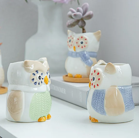 Factory Direct Sales Ceramic Mini Owl Succulent Pots Cute Animal Small Plant Planters Cactus Plants Container Bonsai Pots