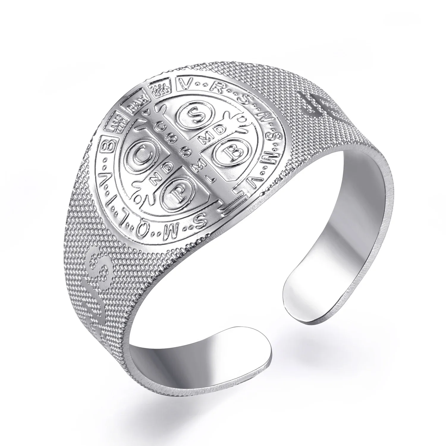 Newest INS Fashion Stainless Steel Catholic Religious Saint Benedict Ring Free Size for Men & Women