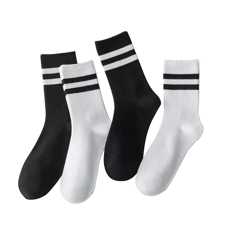 Wholesale Custom White Black Casual School Socks Solid Color Two Stripe Crew Socks for Women Girls