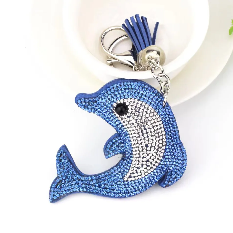 Fashionable Double Color Dolphin Rhinestones Bag Accessories Charms Marine Animals Keychains