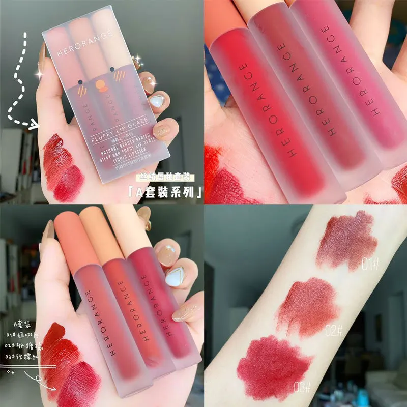 HERORANGE 3pcs Per Set Lip Glaze Gift Box Velvet Matte Lip Gloss Waterproof Non-stick Cup Liquid Lipstick