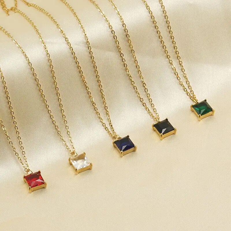 Wholesale Trendy Blue Green Black 10MM Zirconia Jewelry Stainless Steel 18K Gold Plated Square Zircon Diamond Pendant Necklace