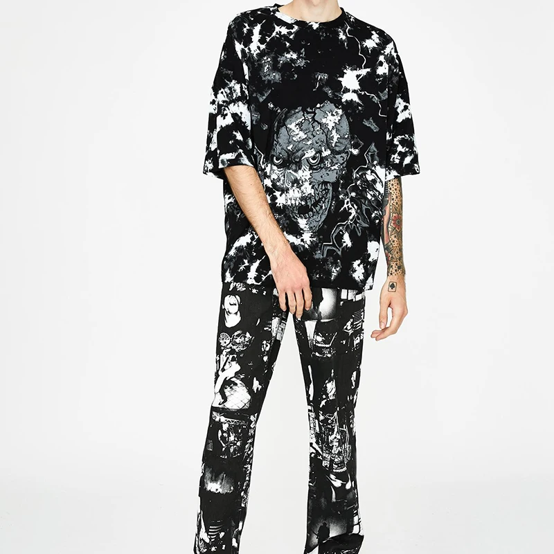 
Wholesale tie dye screen print skull pattern streetwear oversize t shirt 