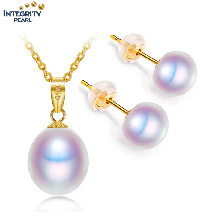Real solid 18K genuine pure karat yellow gold Fresh Water Natural Freshwater Cultured Pearl Jewellery Jewelry Set