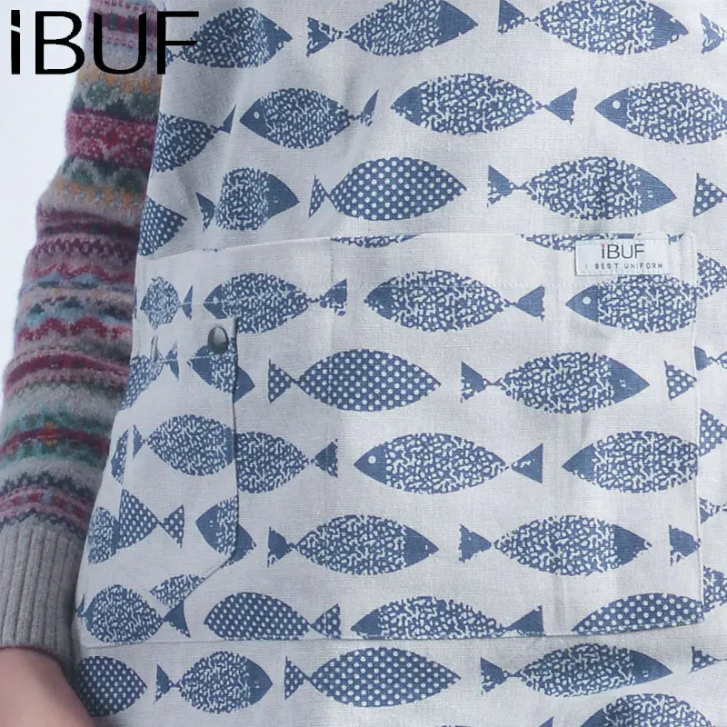 Cheap Fashion Cute Fish Printing Cotton and linen fabric Family Kitchen Apron coffee work clothes apron  Waiters Uniform Apron