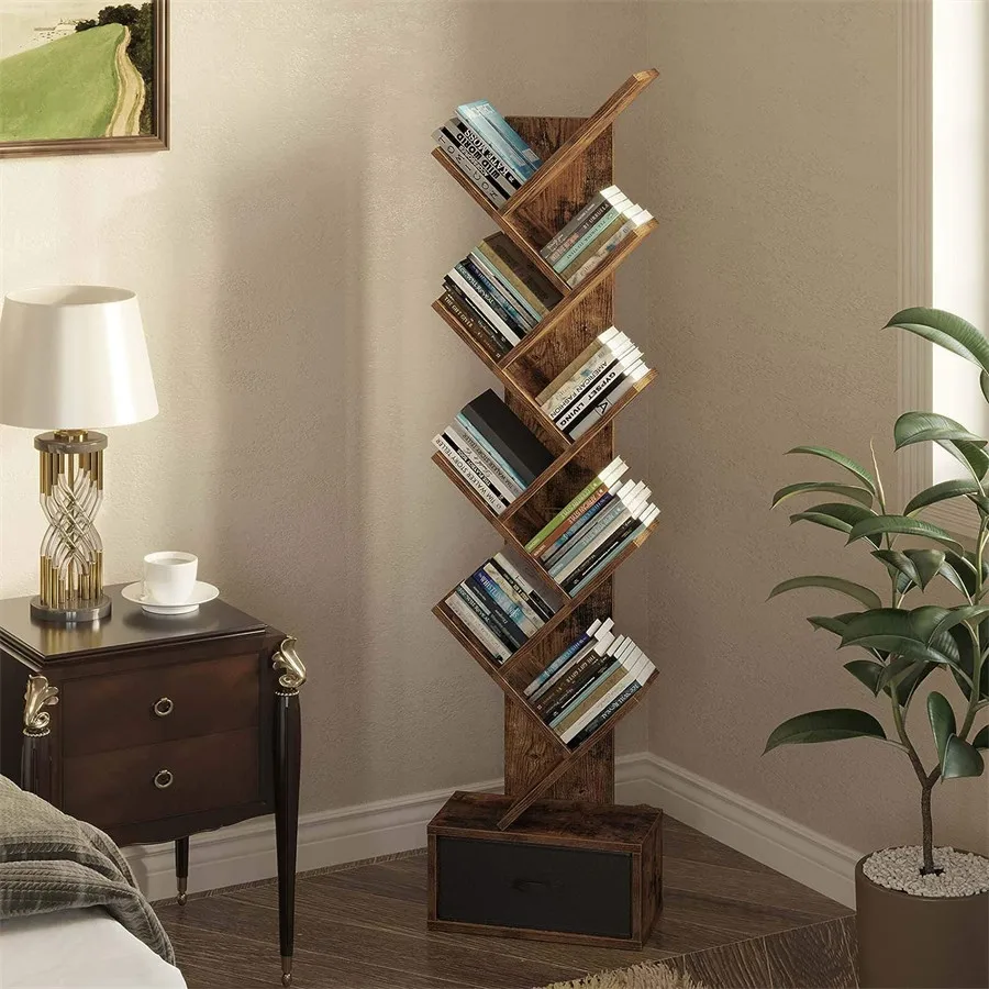 Home Office Furniture Decorative Custom MDF 9 Tier Tree Shape Book Rack Shelf Wooden Bookcases With Drawer