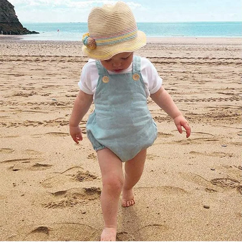 Summer strap rompers wholesale 100% cotton and linen sling triangle organic sleeveless romper baby bodysuit