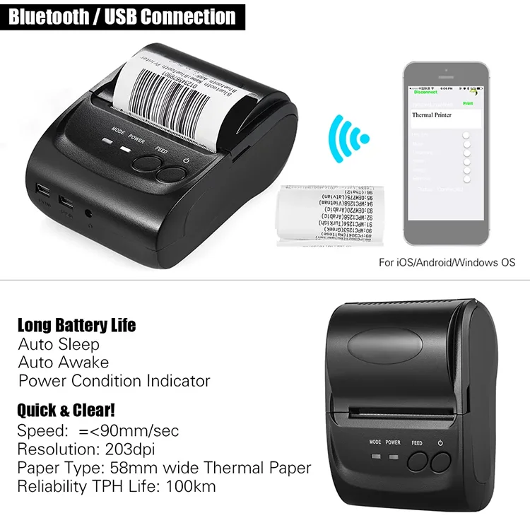 5802 Printer Handy BT Printer 58mm Thermal Receipt POS Printer Mini Portable Size