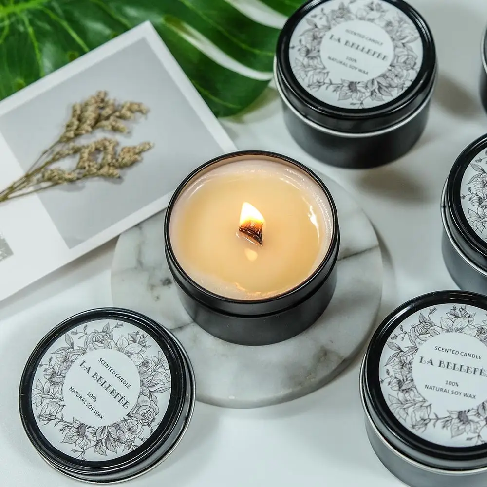 Wholesale Custom Private Label Black Tin 70g Soy Wax Wood Wick Scented Candle