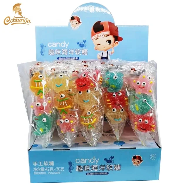 Cute Cartoon fruit  shape gummy jelly candy lollipops halal sweets lollipops gummy candies manufacturer