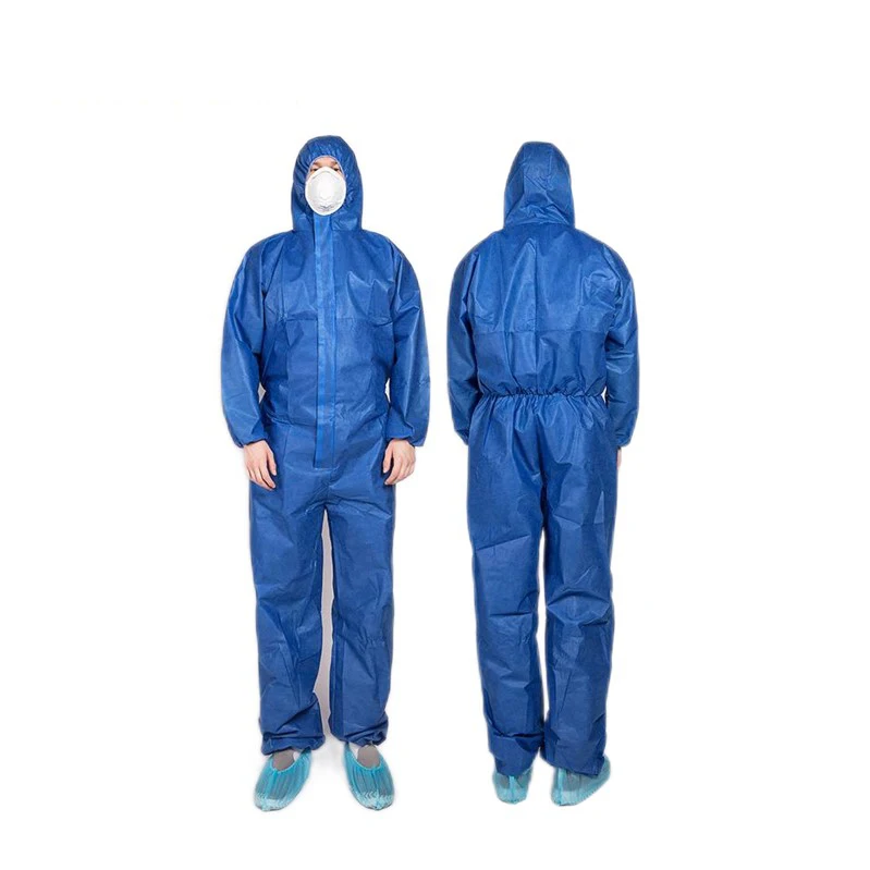 Type 5/6 Water Resistant Full Body Protective Safety Suit Blue Disposable SMS Coverall With Bootcover