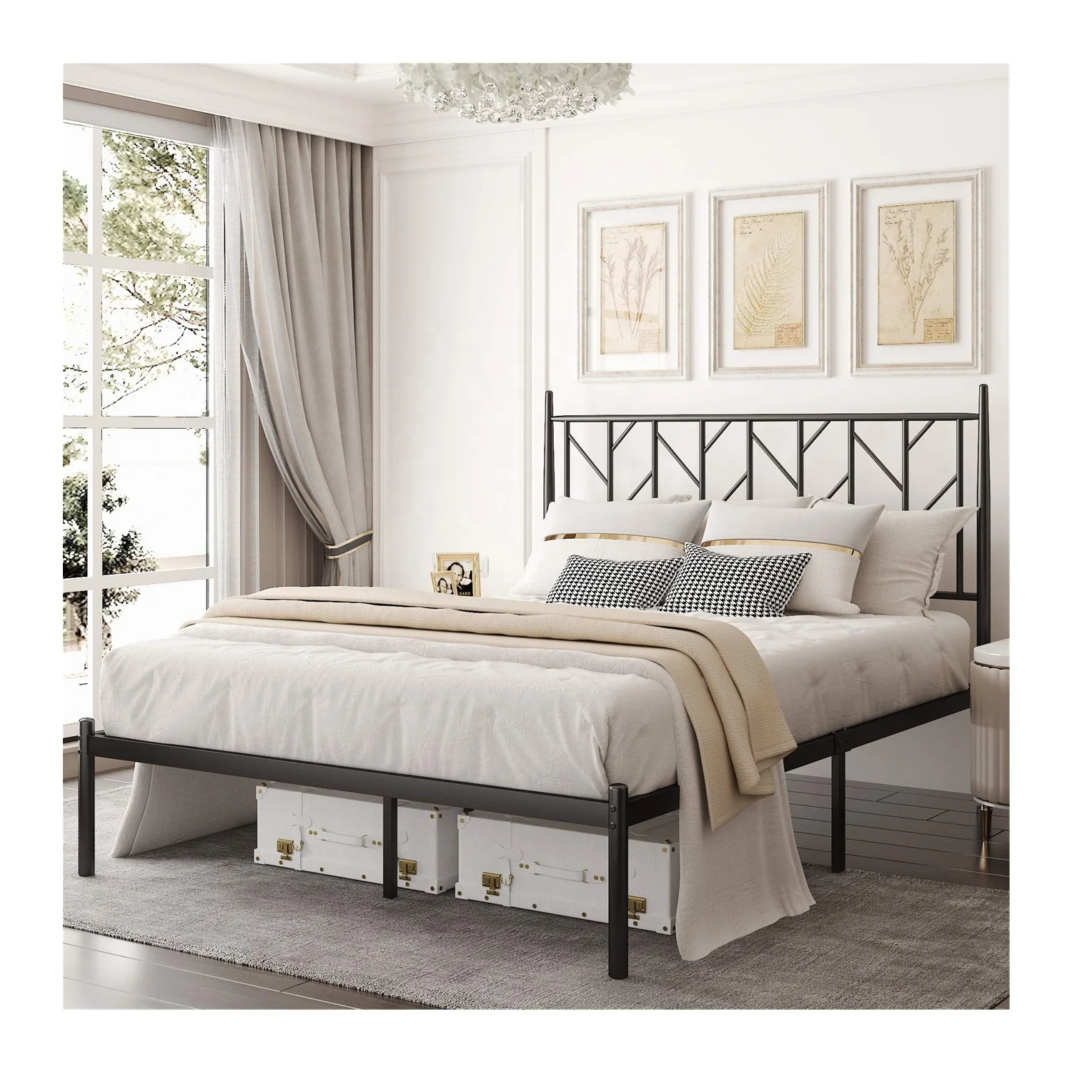 Превосходное качество RTS стильный дизайн кровати металлическая рама с изголовьем матраса основа с подкроватным хранения