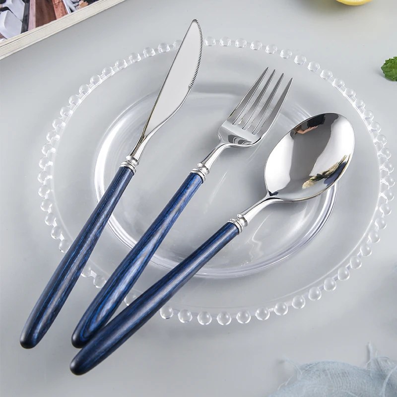 High Quality Flatware Stainless Steel Home Cutlery Camping Fork Spoon Knife Set With Blue Wooden Handle