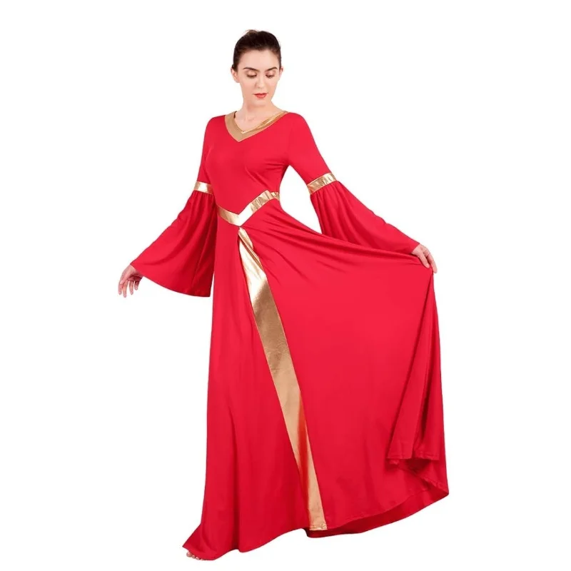 Liturgical Worship Costume Bi Color Bell Long Sleeve Church Robe Praise wear Women Metallic V Neck Praise Dance Dress
