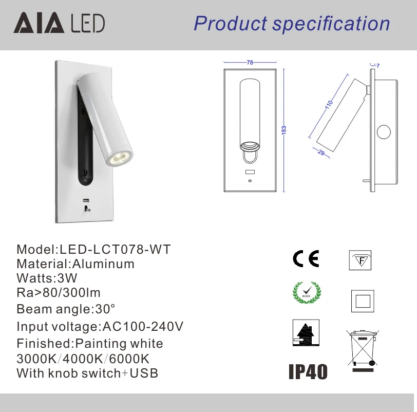 Recessed mounted  3W led foldable USB wall reading lamp bedside wall lamps bedroom accordion bed wall light for hotel villa