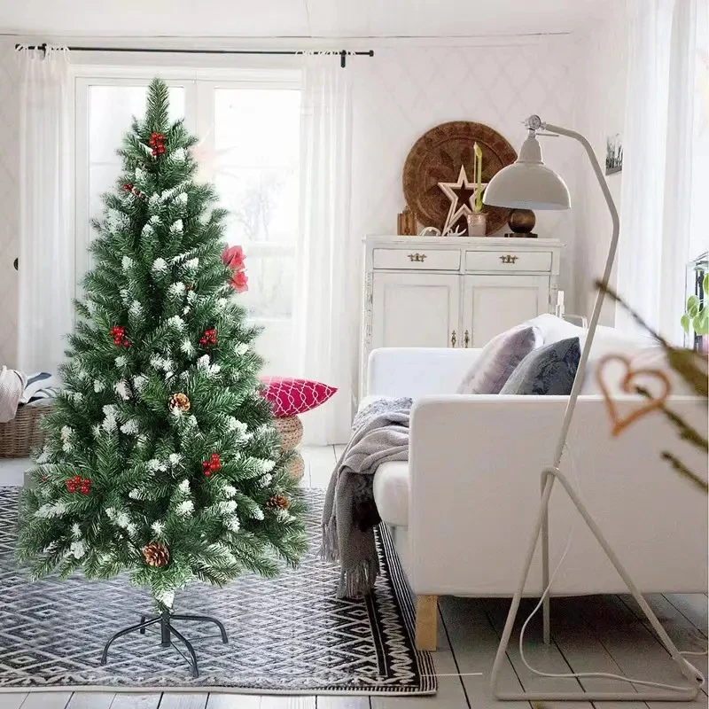 2024 Xmas Tree High Quality Green 150 cm PE/iron/plastic mixed sticky white Christmas tree with an encrypted red cone