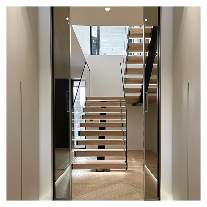 Alucasa Solid Wood Step Straight Staircase With Stainless Steel Cable Railing For Villa