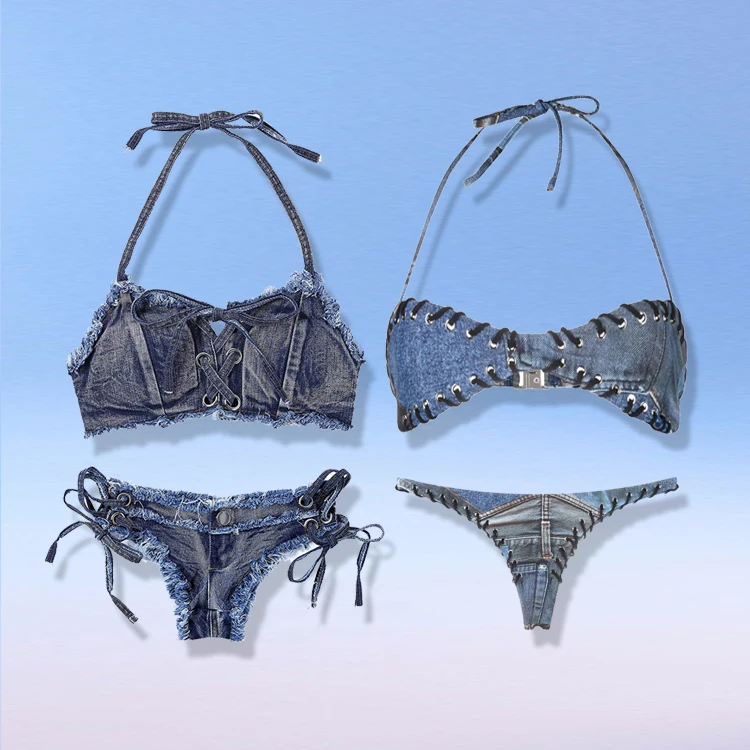 HL designer trendy manufacture denim jean fabric two piece bikini swimwear beachwear women wholesale custom swimsuit