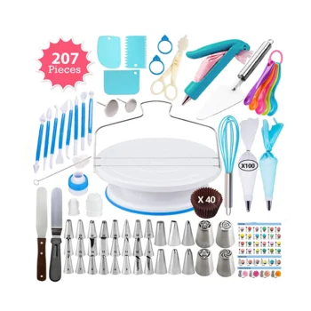 207pcs Cake Decorating Supplies Kit Baking and Piping Set Leveler Rotating Turntable Stand Frosting Bags and Tips Spatula