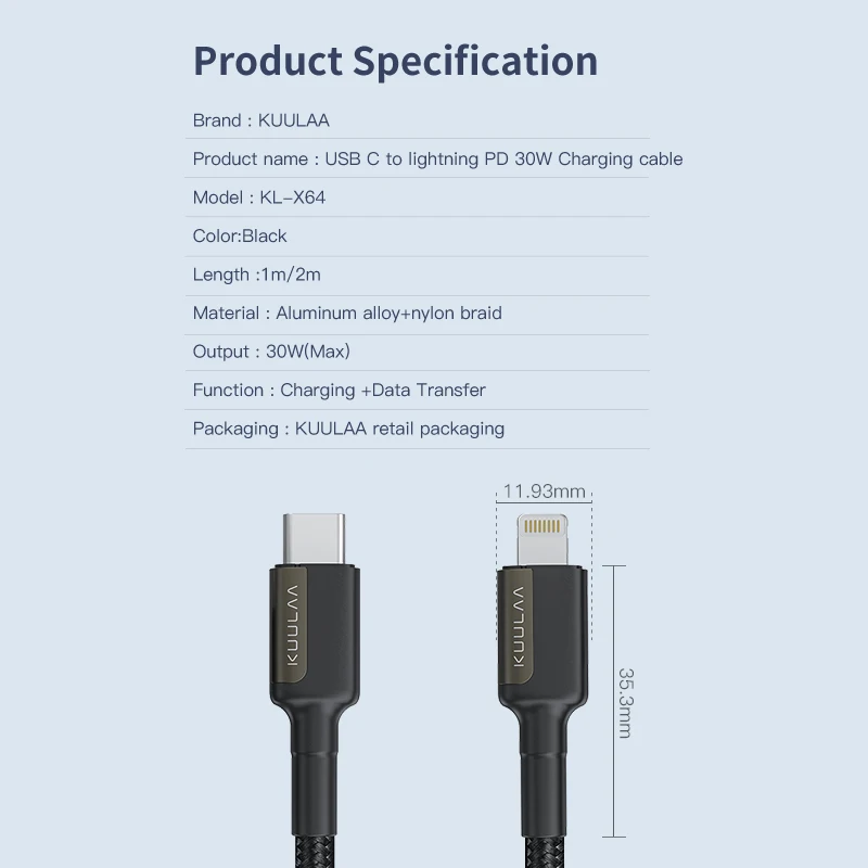 KUULAA High Durability 1m 2m Black Type c Cable PD 30W Fast charging Cable Usb C to L for iPhone 13
