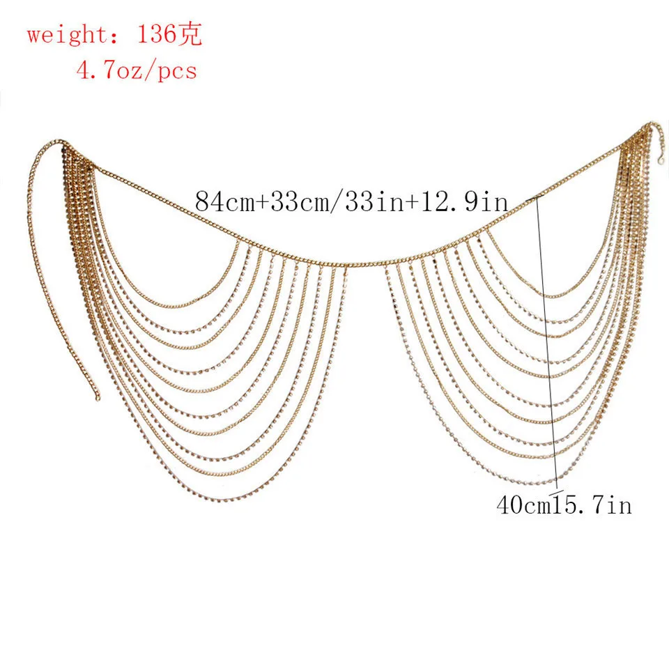 European and American cross-border simple personality wild geometric metal rhinestone multi-layer tassel fashion body chain