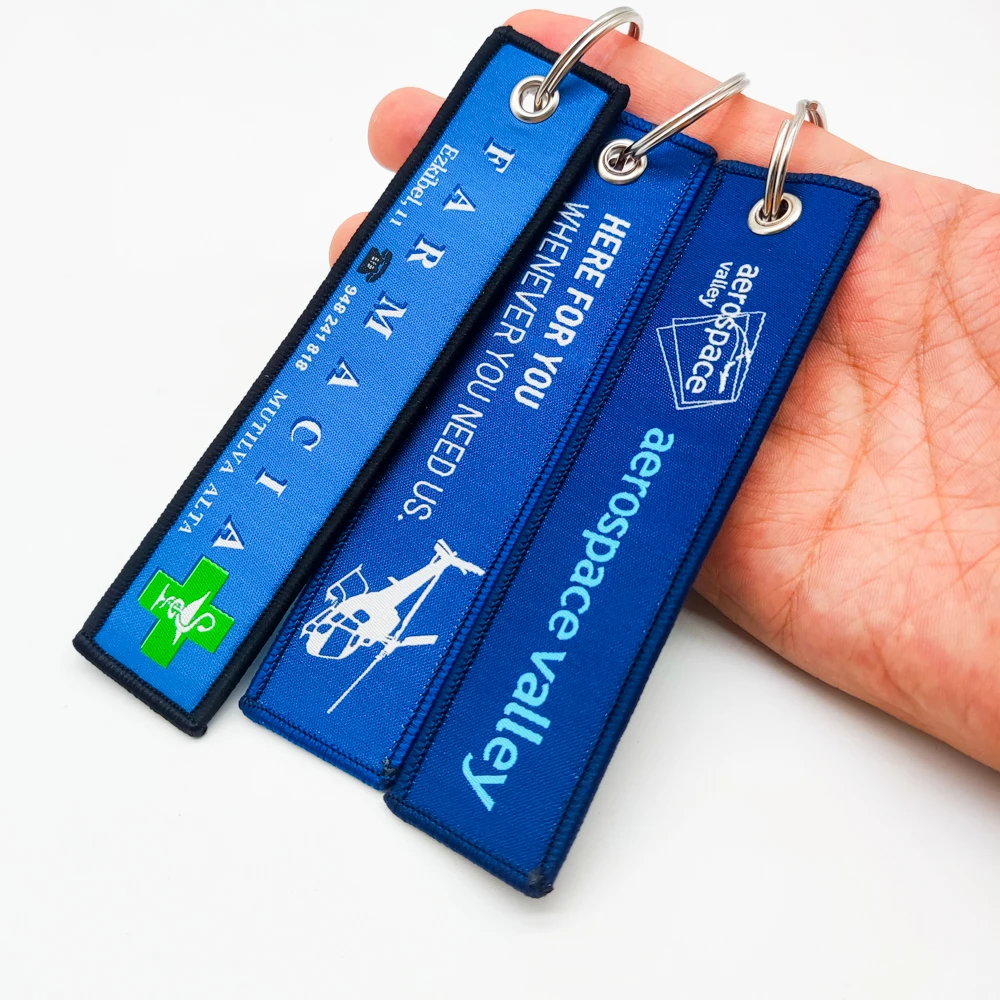 RFID China Stock Double Sided Fabric Embroidered Key Chain With Hook With Key Rings