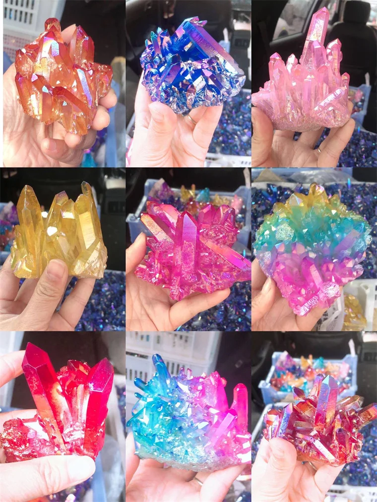 Healing Rose Pink Yellow Titanium Aura Electroplated Quartz Cluster Colourful Crystal Geodes For Decoration